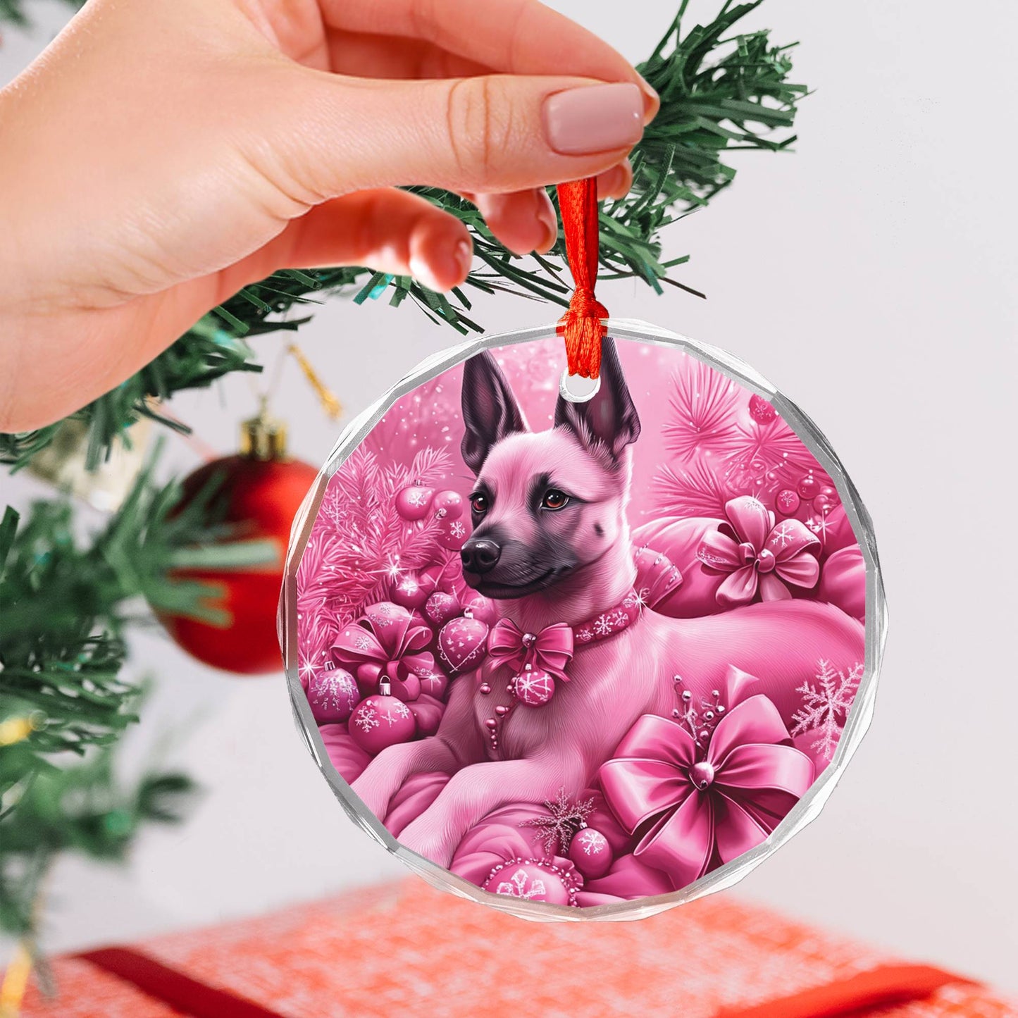 Belgian Malinoi Dog Pink Christmas Design 1 Glass Ornament