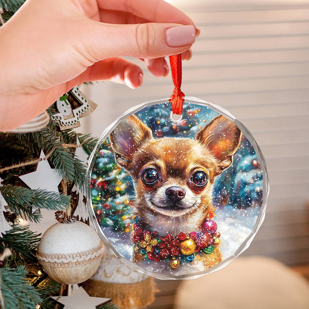 Beautiful Chihuahua Dog Christmas Night Design 2 Glass Ornament