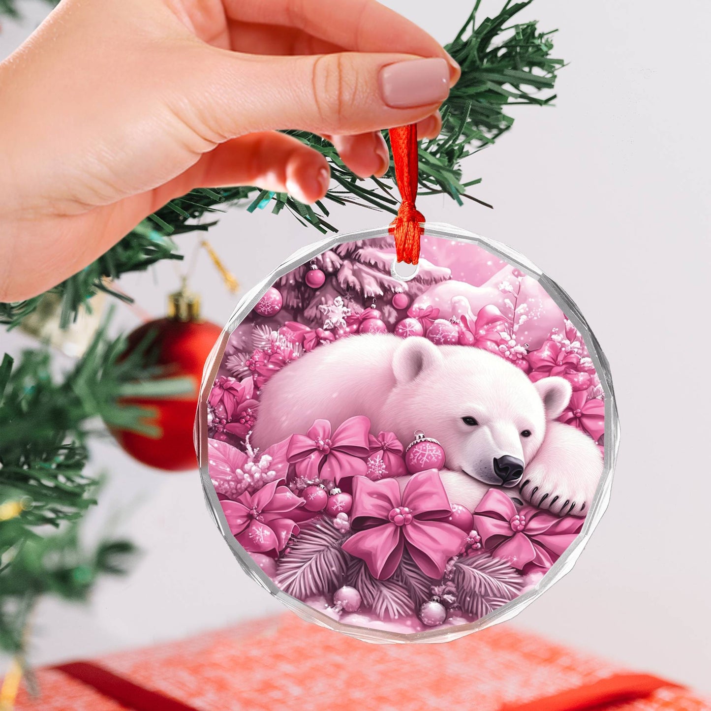 Pola Bear Pink Christmas Design 1 Glass Ornament