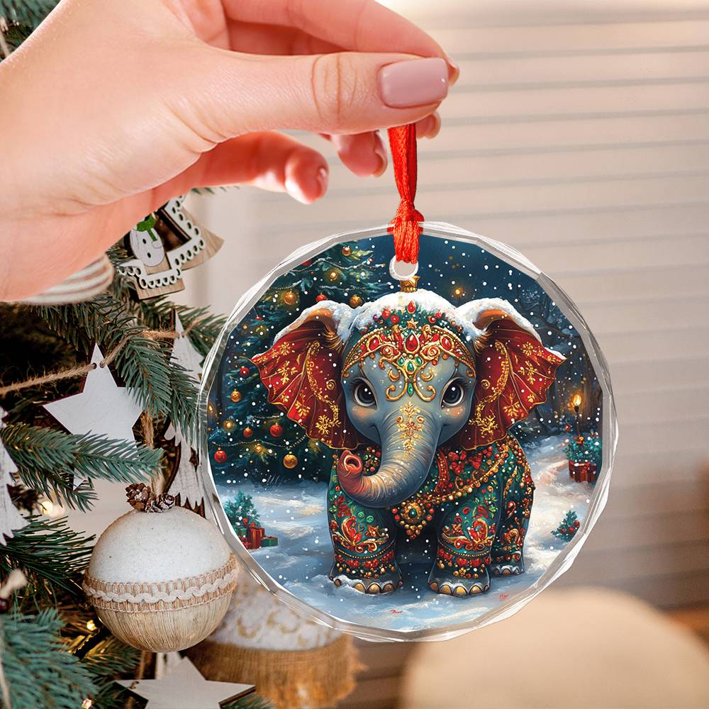 Beautiful Elephant Christmas Night Design 4 Glass Ornament
