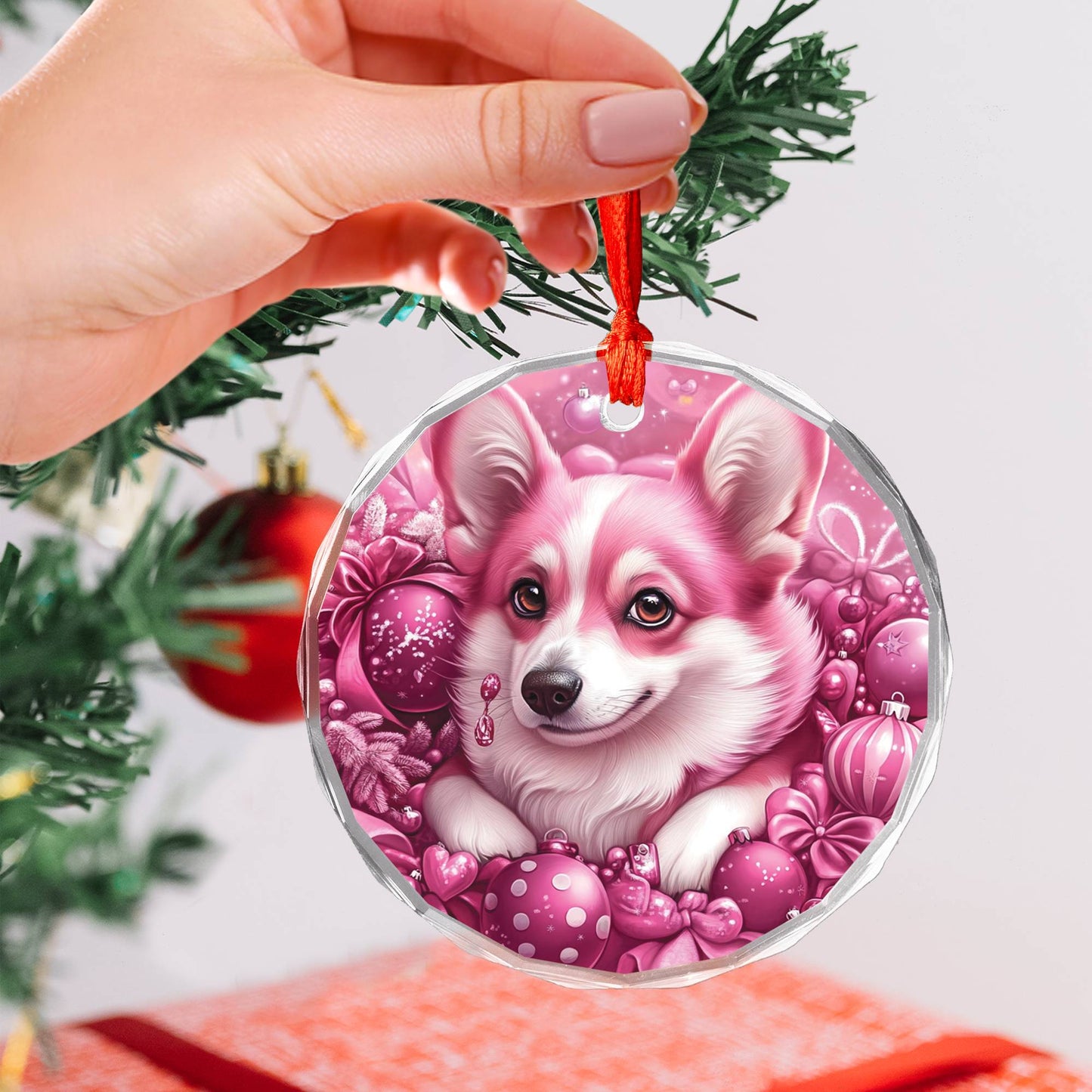 Pembroke Welsh Corgi Dog Pink Christmas Design 3 Glass Ornament