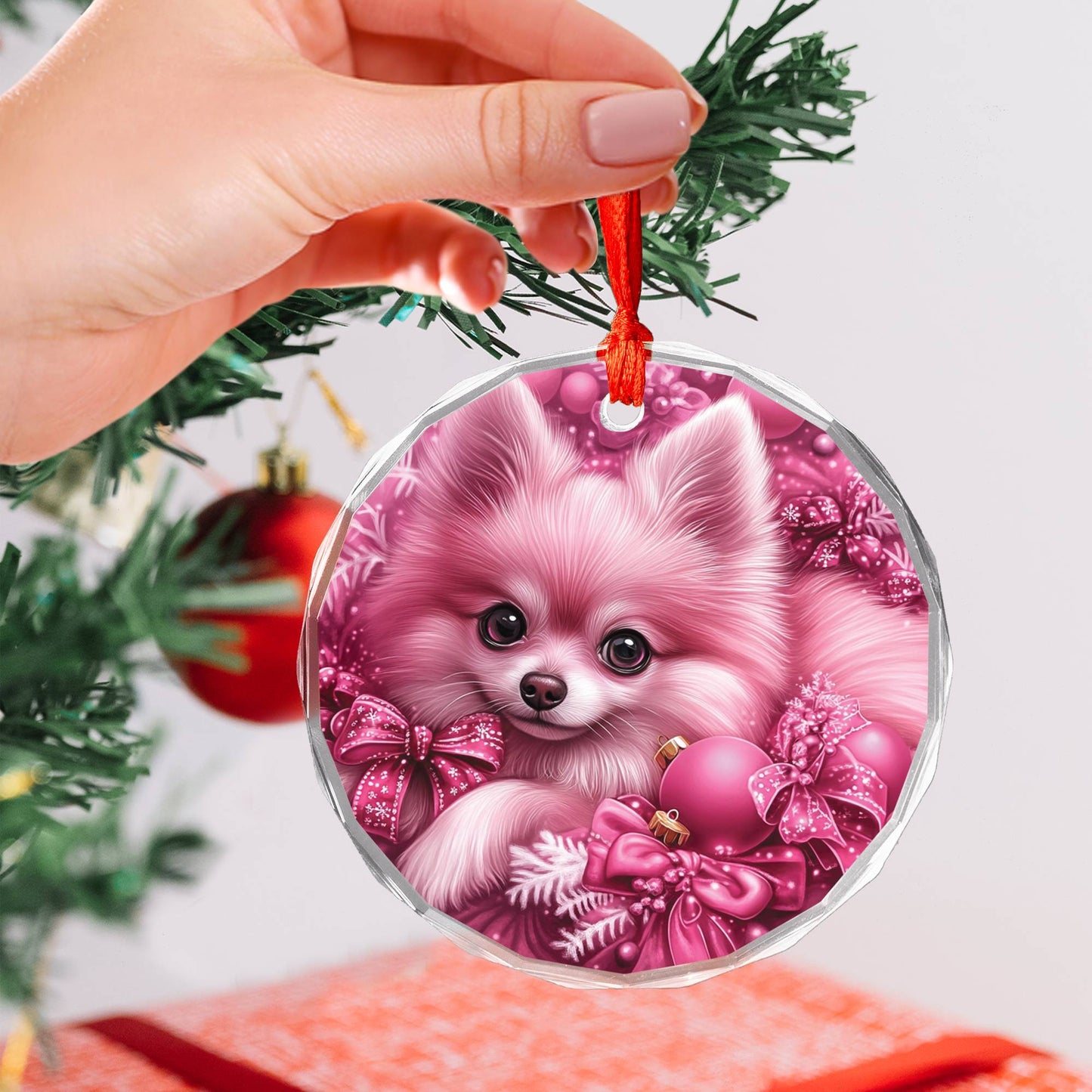 Pomeranian Dog Pink Christmas Design 3 Glass Ornament