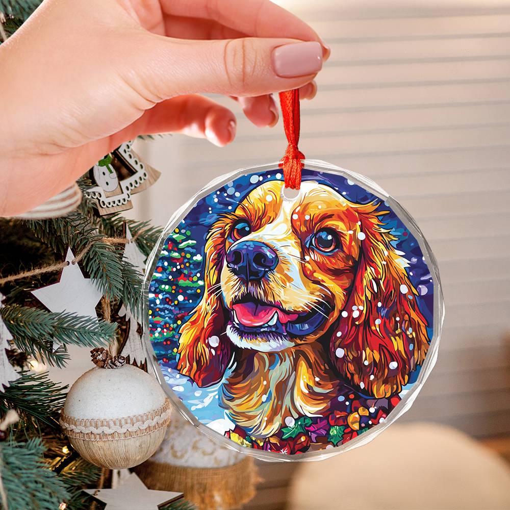 Beautiful Cocker Spaniel Dog Christmas Night Design 3 Glass Ornament