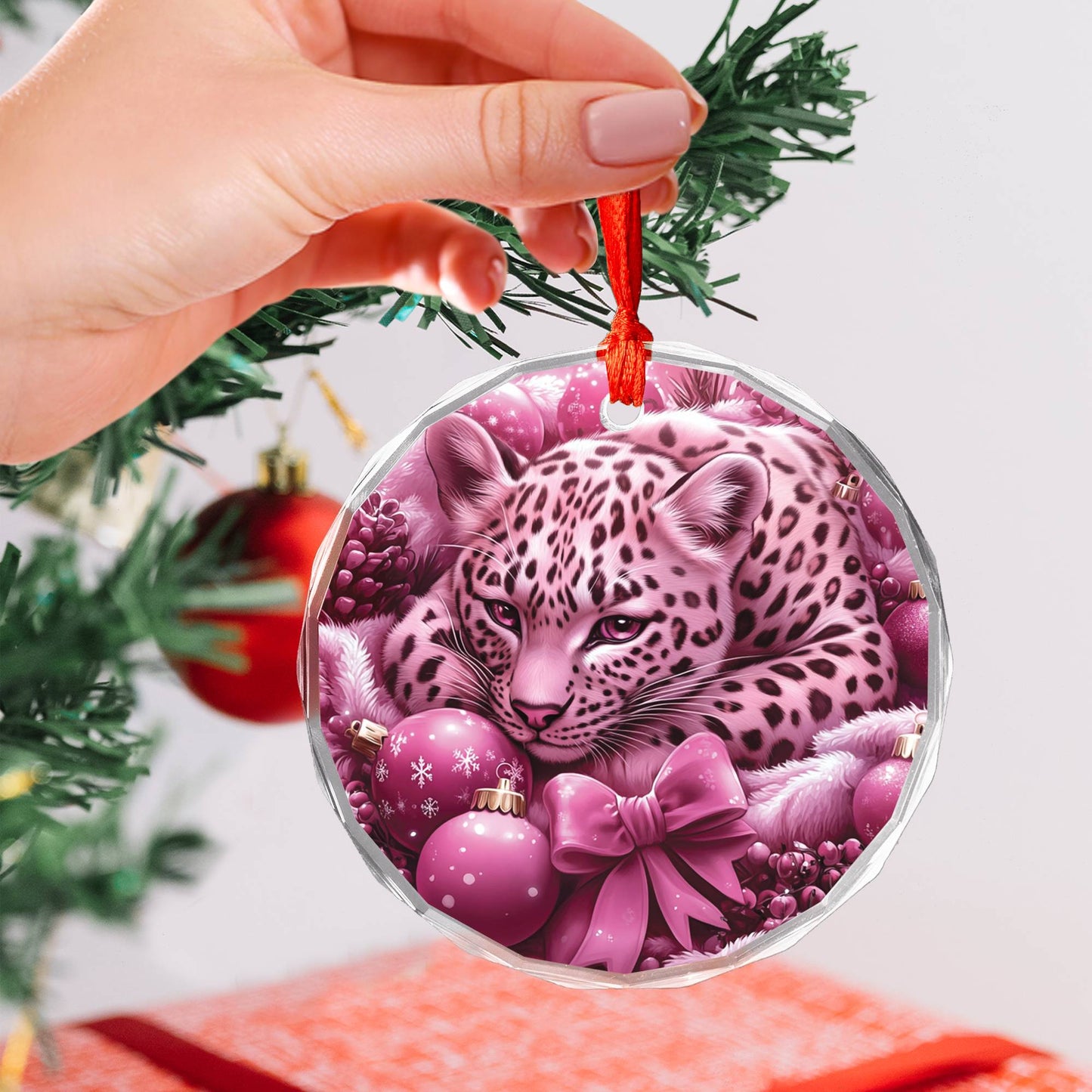 Leopard Pink Christmas Design 1 Glass Ornament