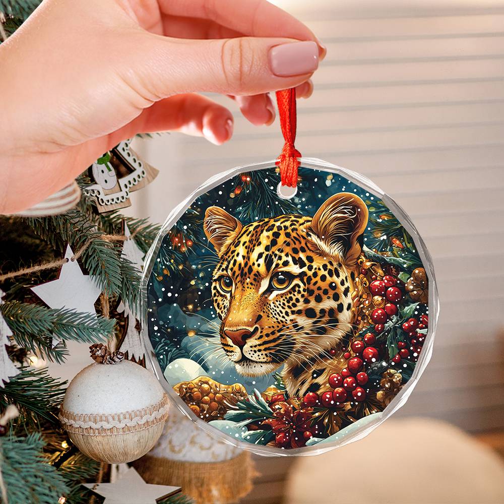 Beautiful Leopard Christmas Night Design 2 Glass Ornament