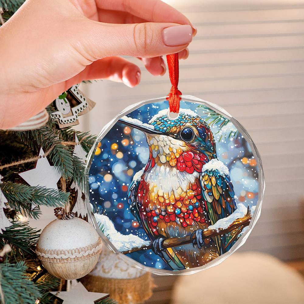 Beautiful Hummingbird Christmas Night Design 2 Glass Ornament