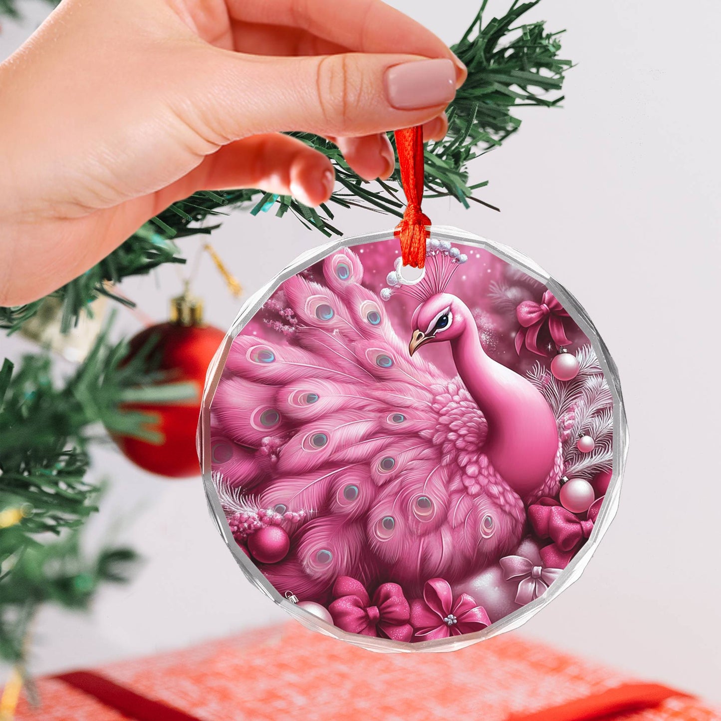 Peacock Pink Christmas Design 4 Glass Ornament