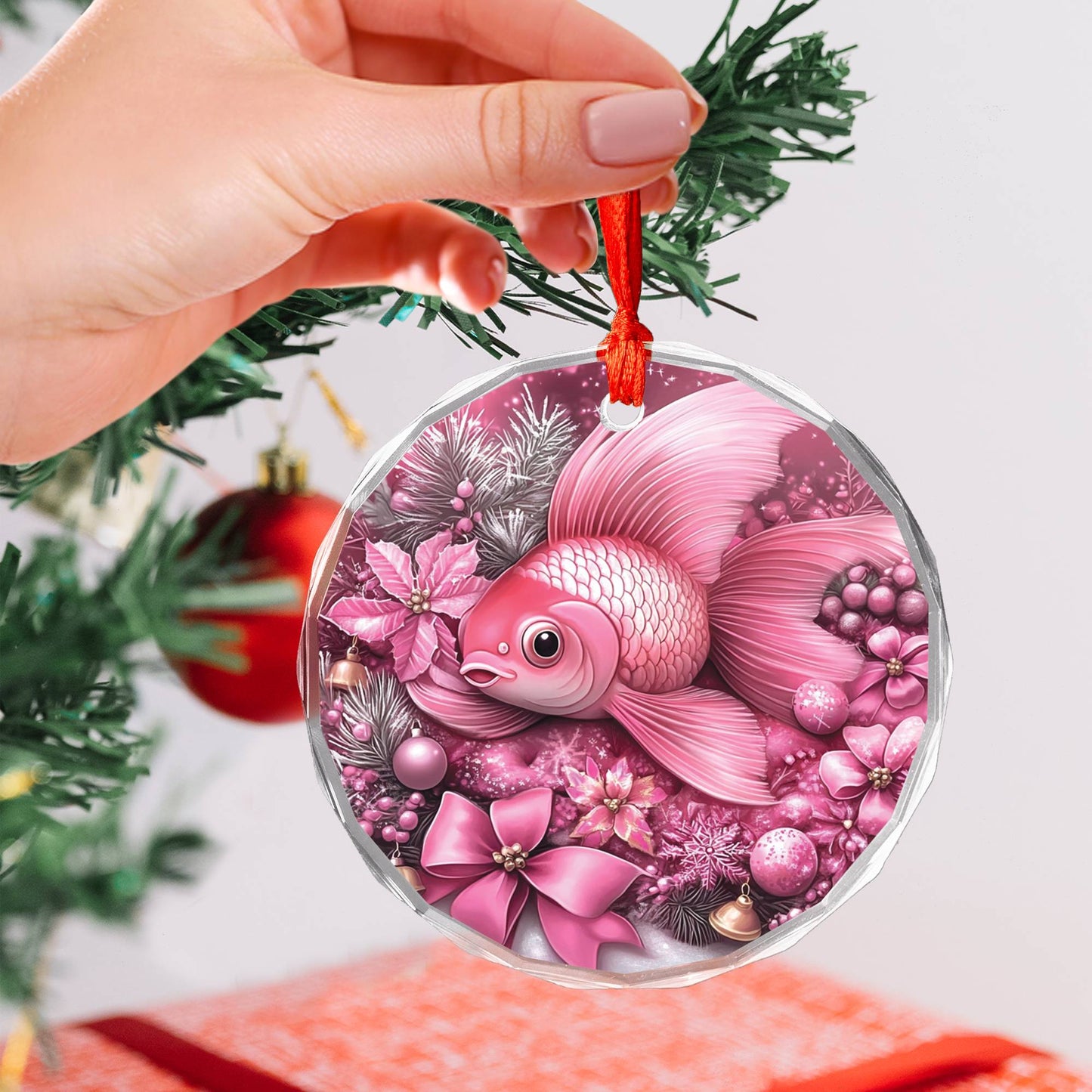 Goldfish Pink Christmas Design 3 Glass Ornament