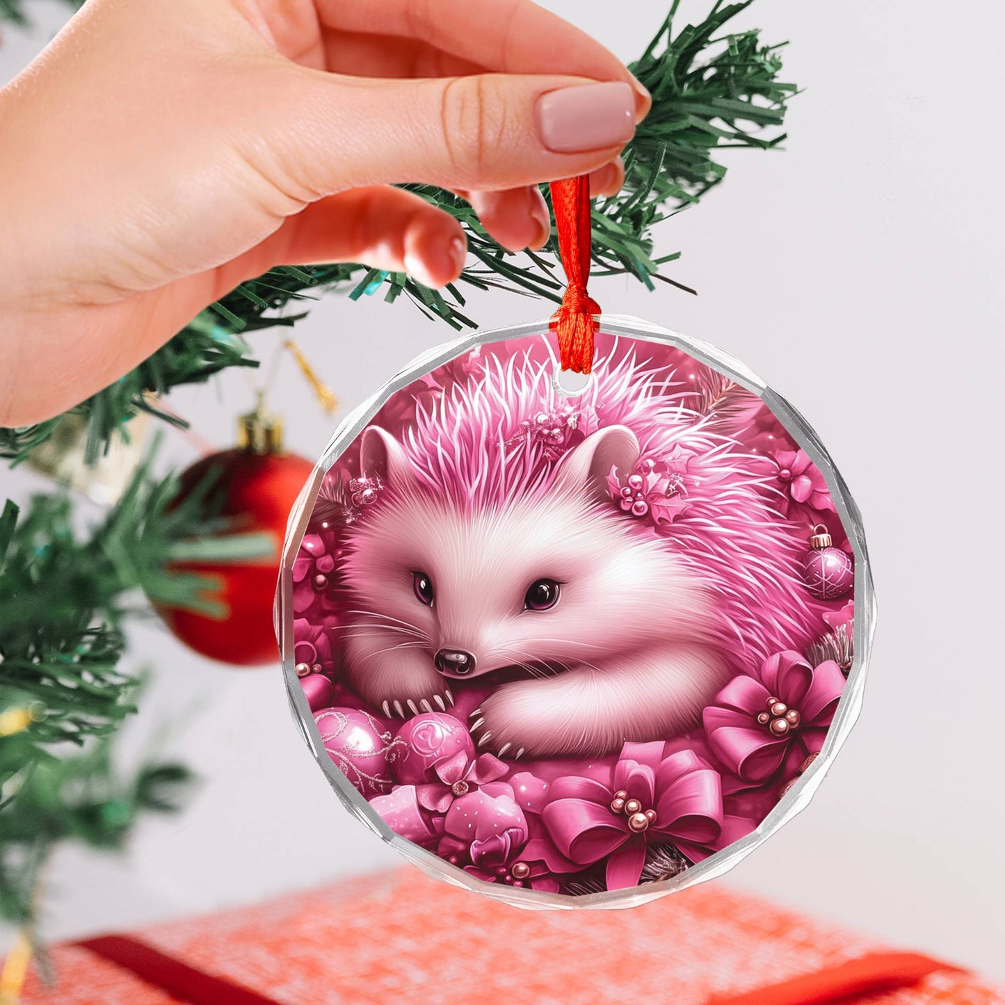Hedgehog Pink Christmas Design 1 Glass Ornament