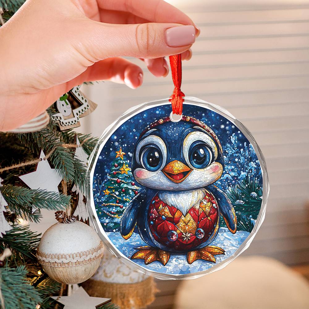 Beautiful Angus Penguin Christmas Night Design 2 Glass Ornament