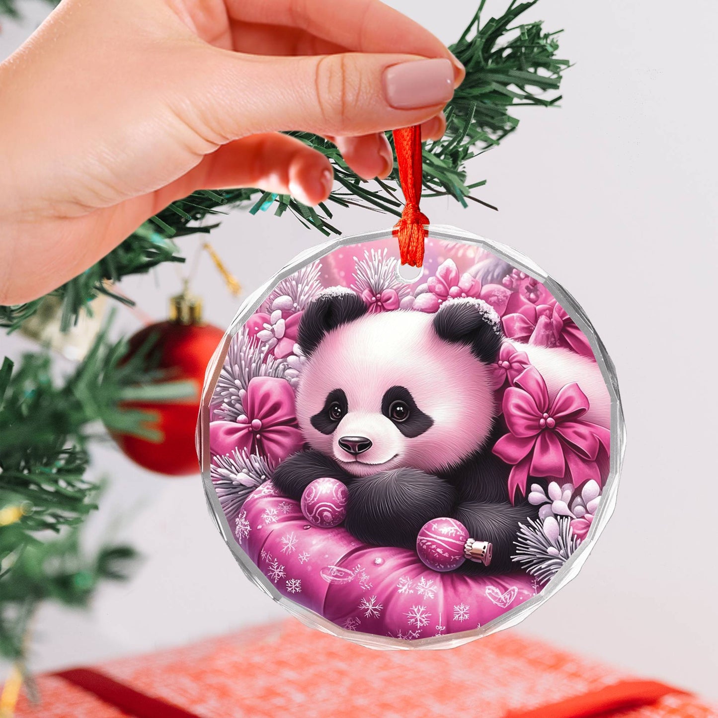 Panda Pink Christmas Design 4 Glass Ornament