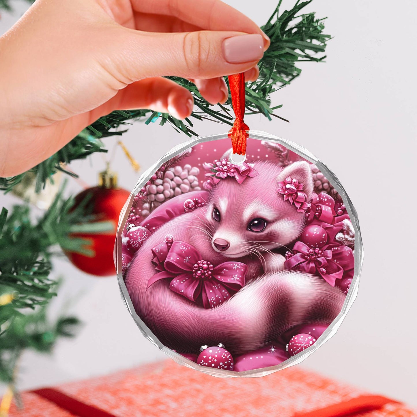 Ferret Pink Christmas Design 4 Glass Ornament