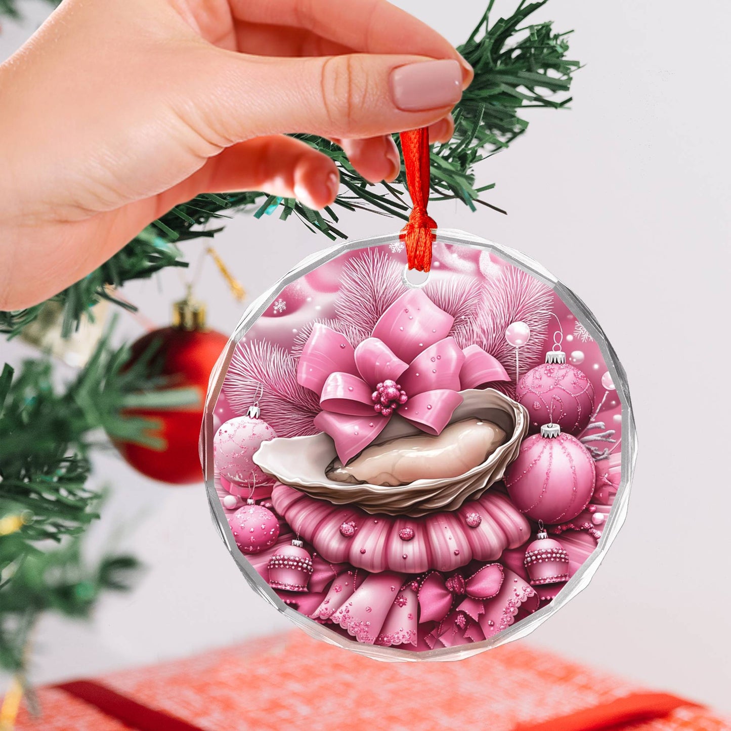 Oysters Pink Christmas Design 2 Glass Ornament
