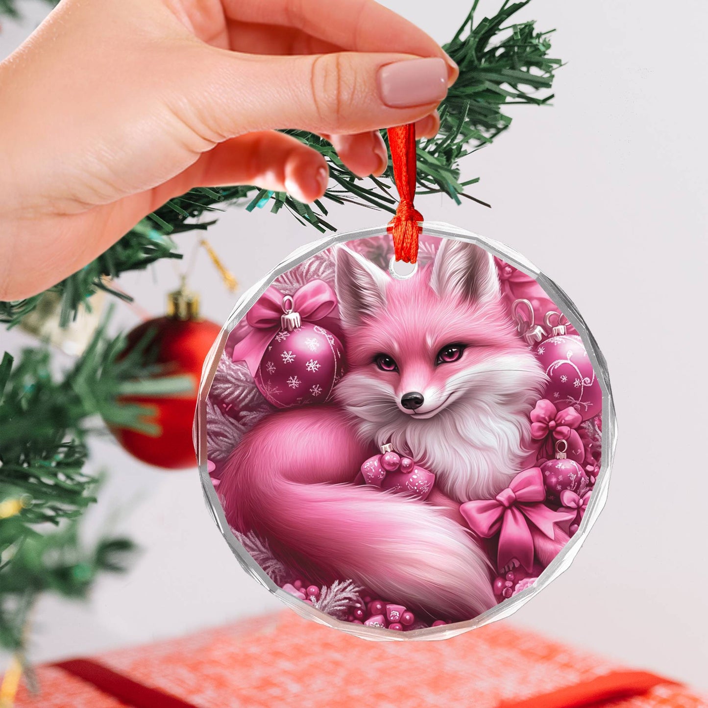 Fox Pink Christmas Design 4 Glass Ornament