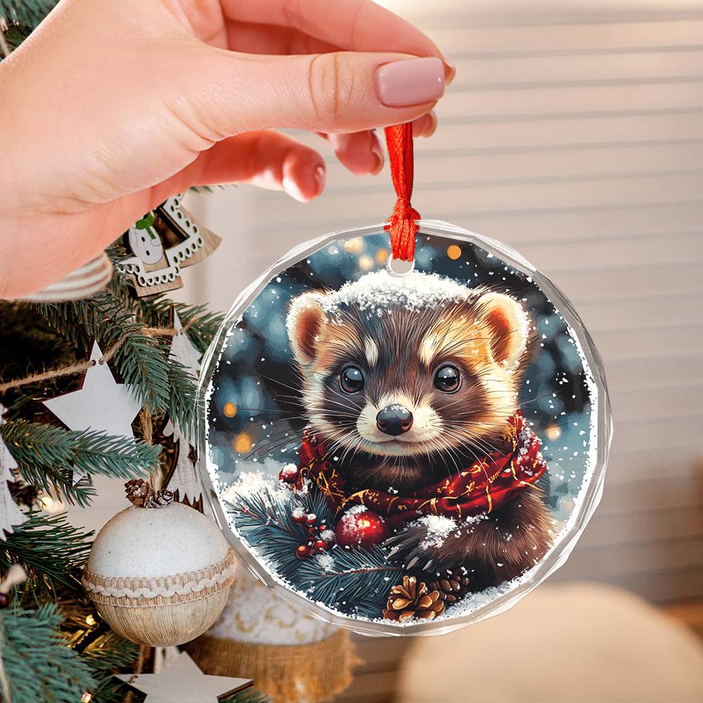 Beautiful Ferret Christmas Night Design 3 Glass Ornament