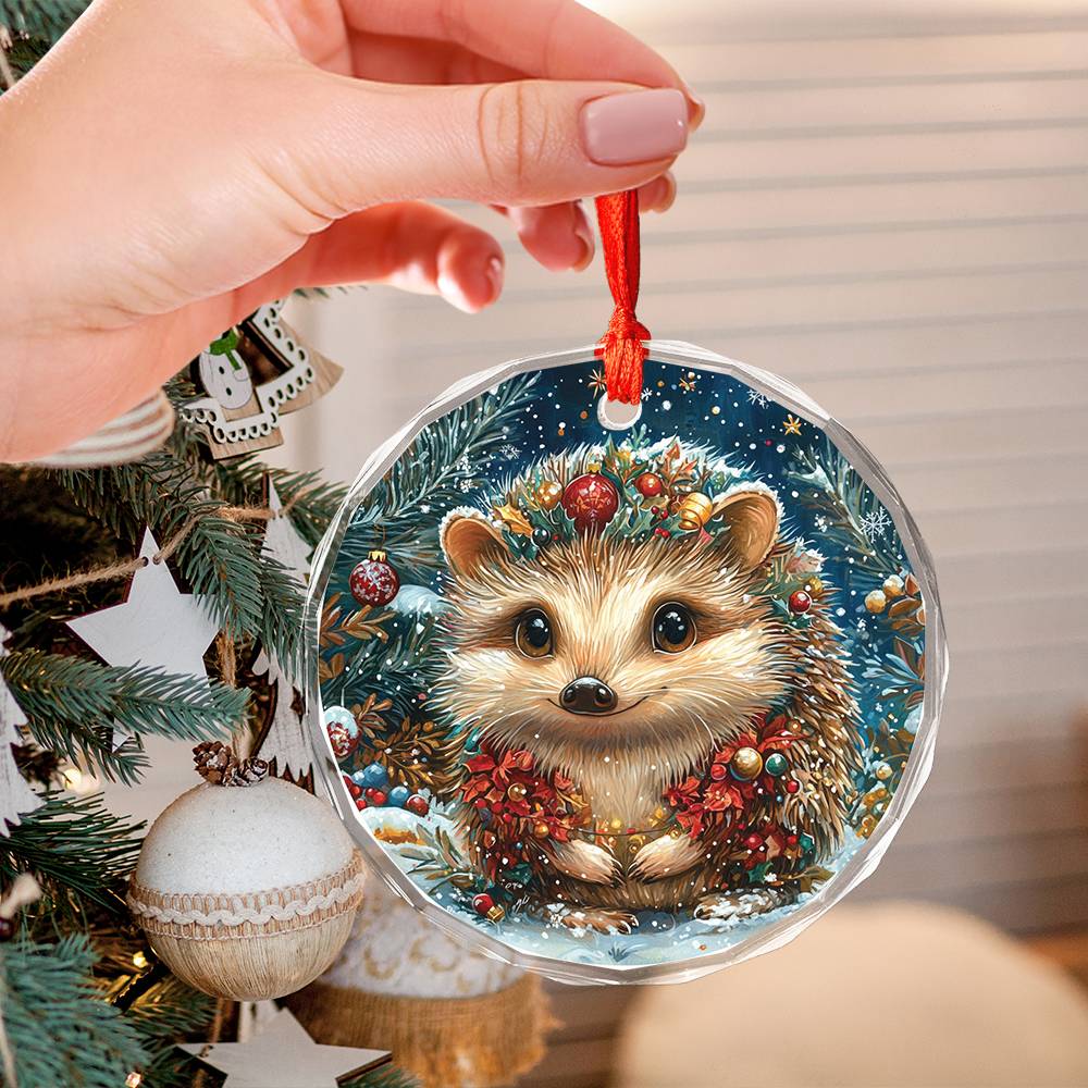 Beautiful Angus Hedgehog Christmas Night Design 4 Glass Ornament