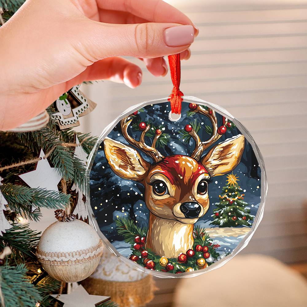 Beautiful Angus Deer Christmas Night Design 1 Glass Ornament