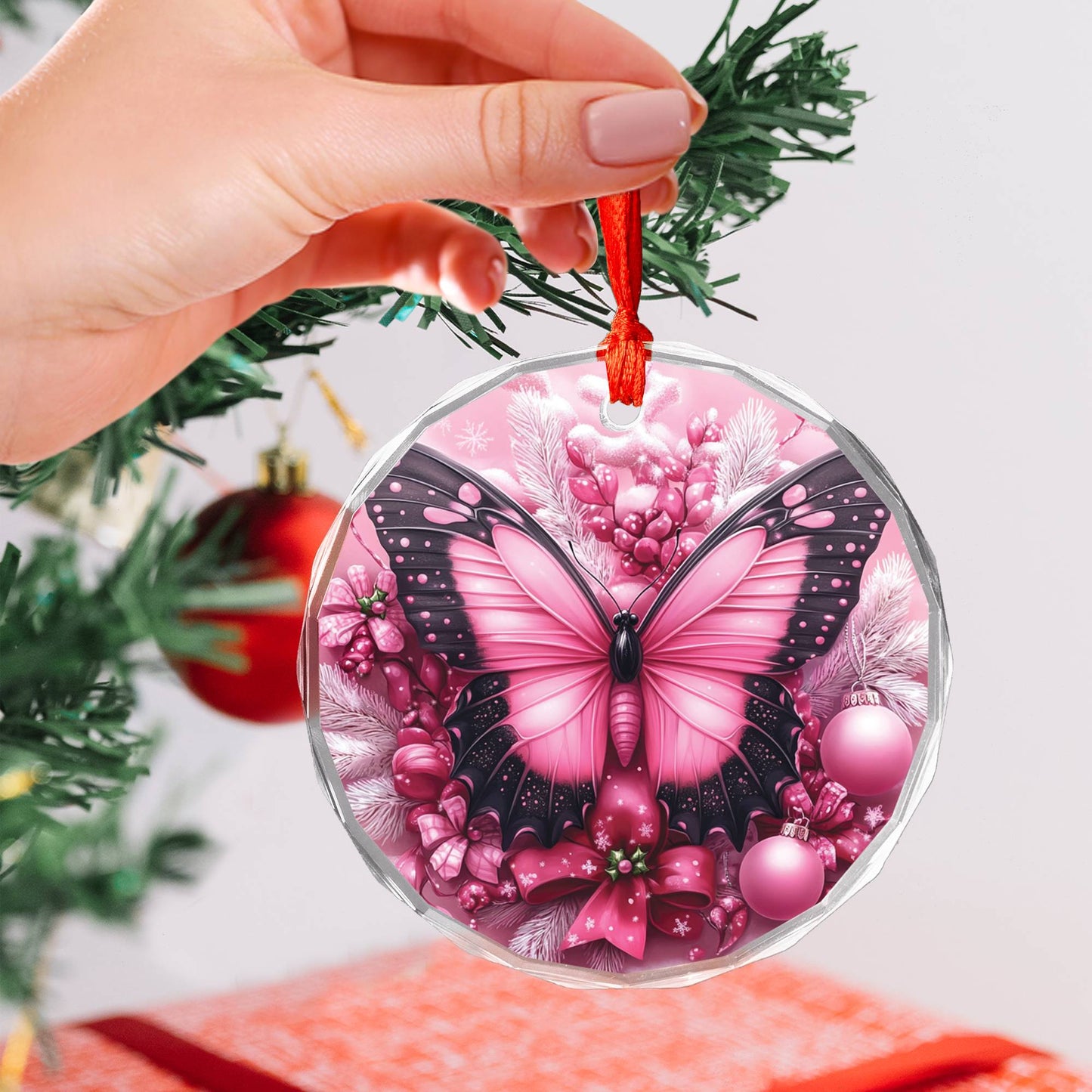 Butterfly Pink Christmas Design 2 Glass Ornament