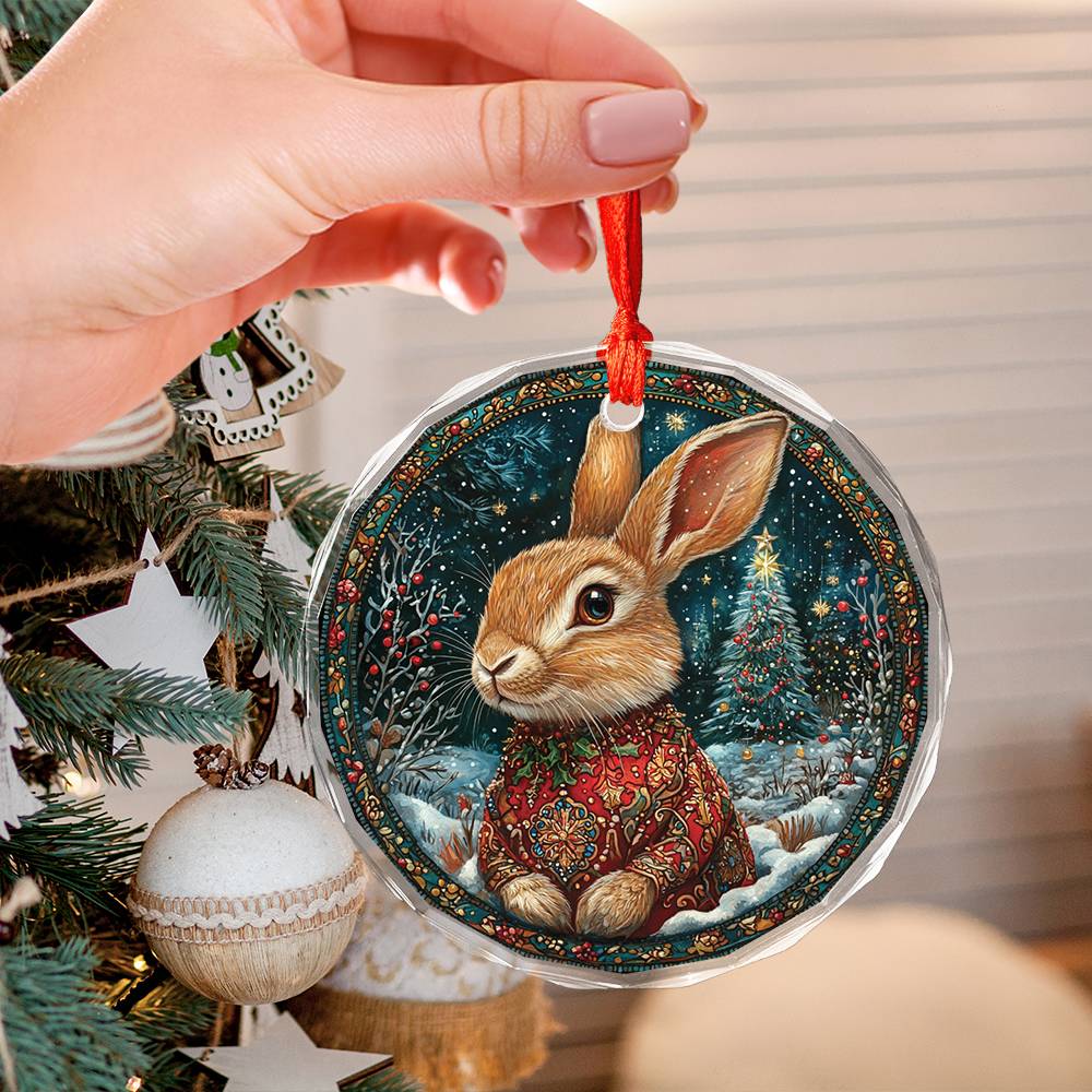 Beautiful Rabbit Christmas Night Design 1 Glass Ornament