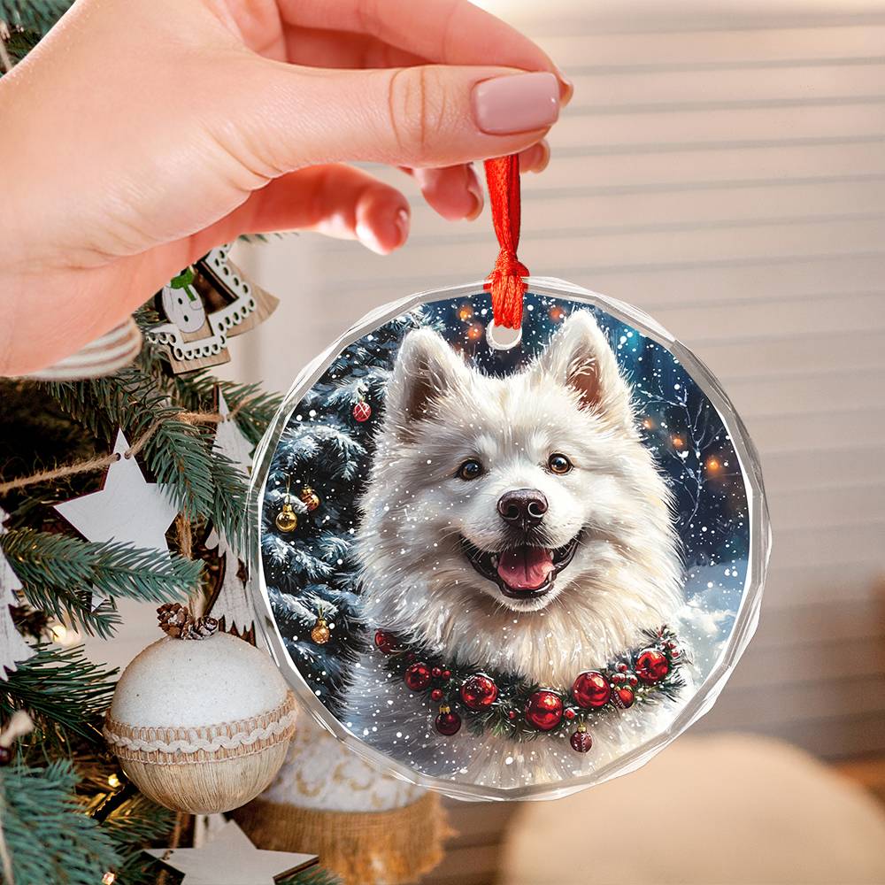 Beautiful Samoyed Dog Christmas Night Design 3 Glass Ornament