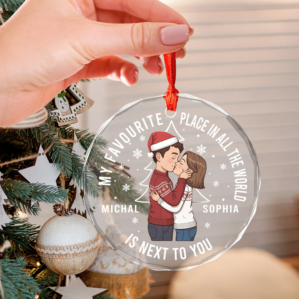 Christmas Couple Sideview You Are My Favorite By Far - Personalized Circle Glass Ornament2