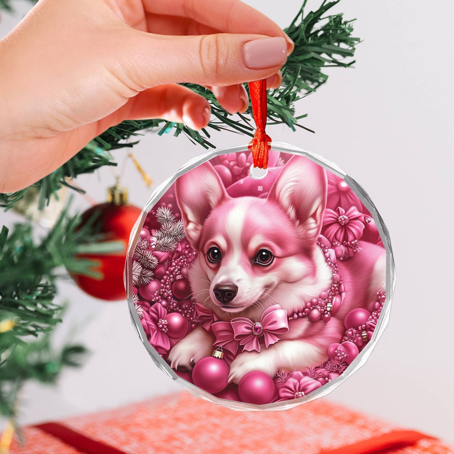 Pembroke Welsh Corgi Dog Pink Christmas Design 4 Glass Ornament