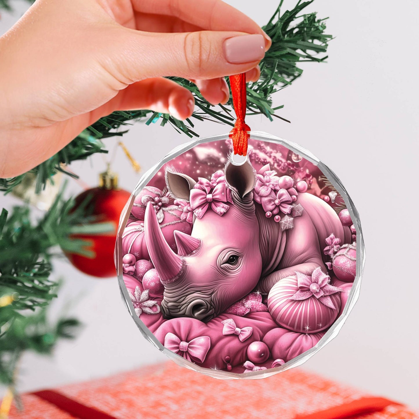 Rhino Pink Christmas Design 3 Glass Ornament