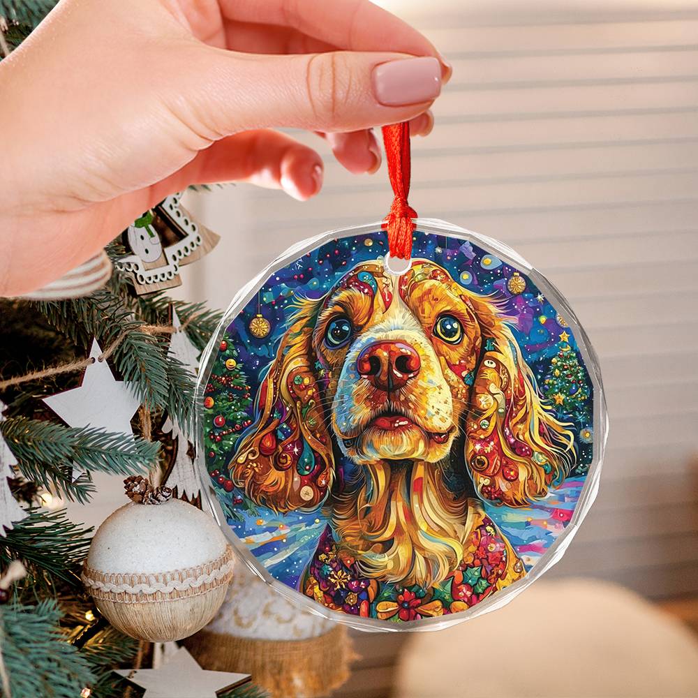 Beautiful English Cocker Spaniel Dog Christmas Night Design 3 Glass Ornament