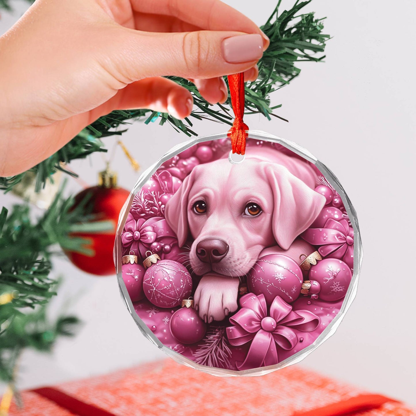 Labrador Retriever Dog Pink Christmas Design 1 Glass Ornament