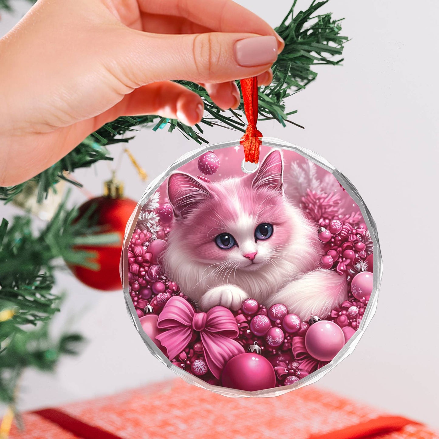 Ragdoll Cat Pink Christmas Design 1 Glass Ornament