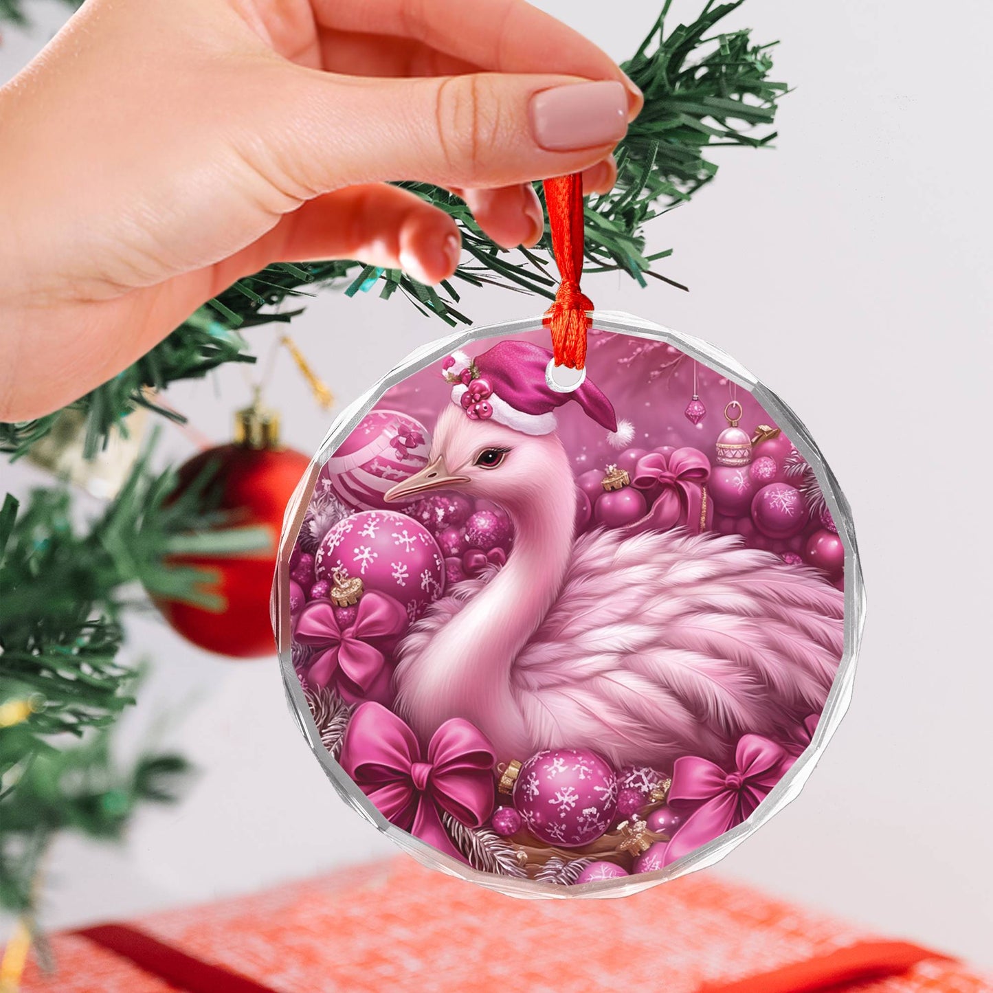 Ostrich Pink Christmas Design 1 Glass Ornament