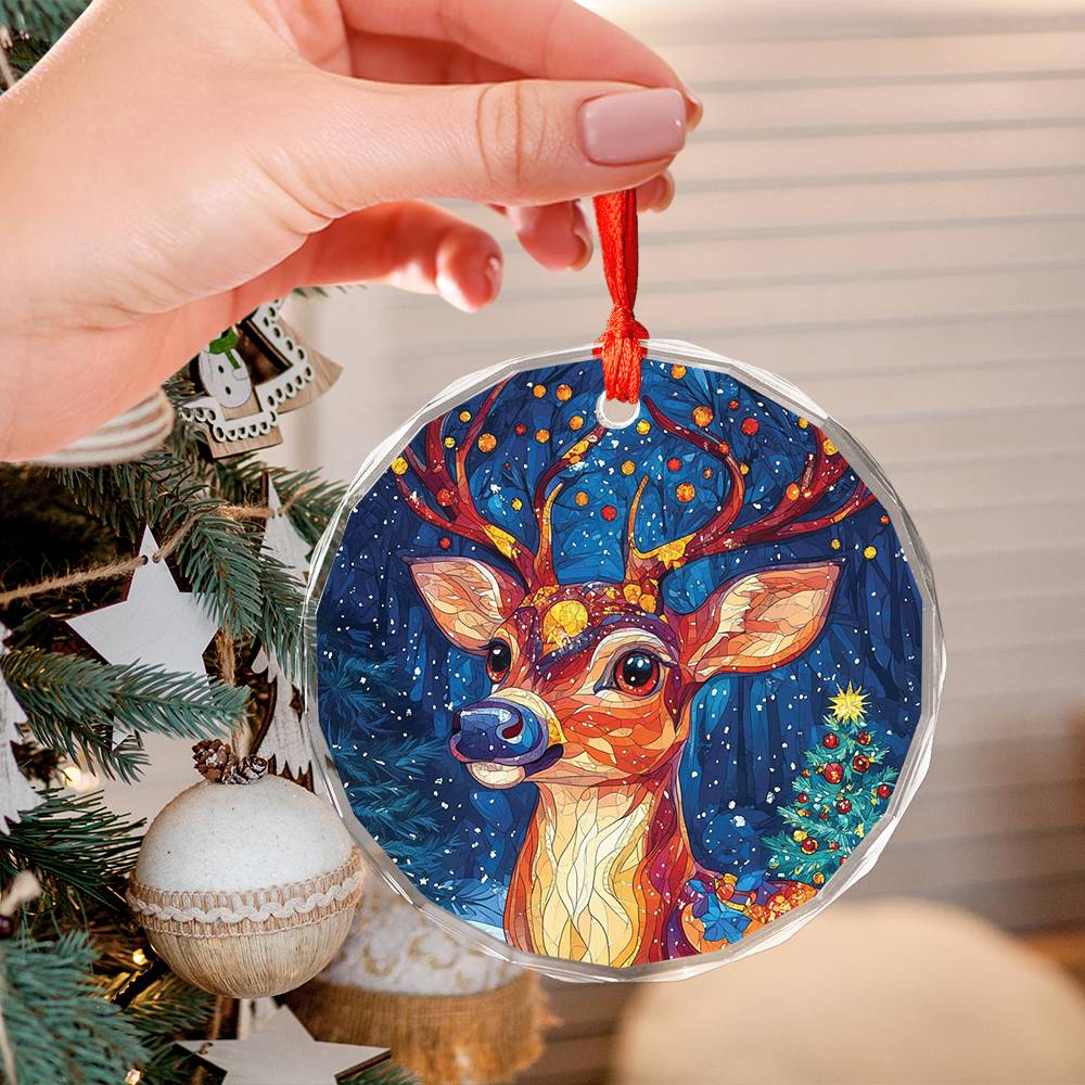 Beautiful Angus Deer Christmas Night Design 4 Glass Ornament