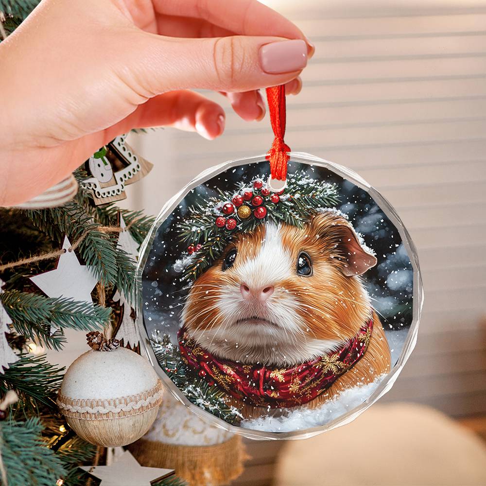 Beautiful Guinea Pig Christmas Night Design 4 Glass Ornament