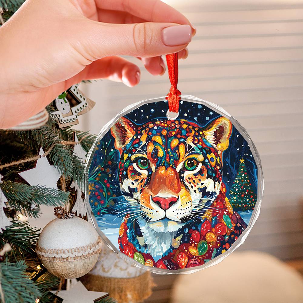 Beautiful Jaguar Christmas Night Design 2 Glass Ornament