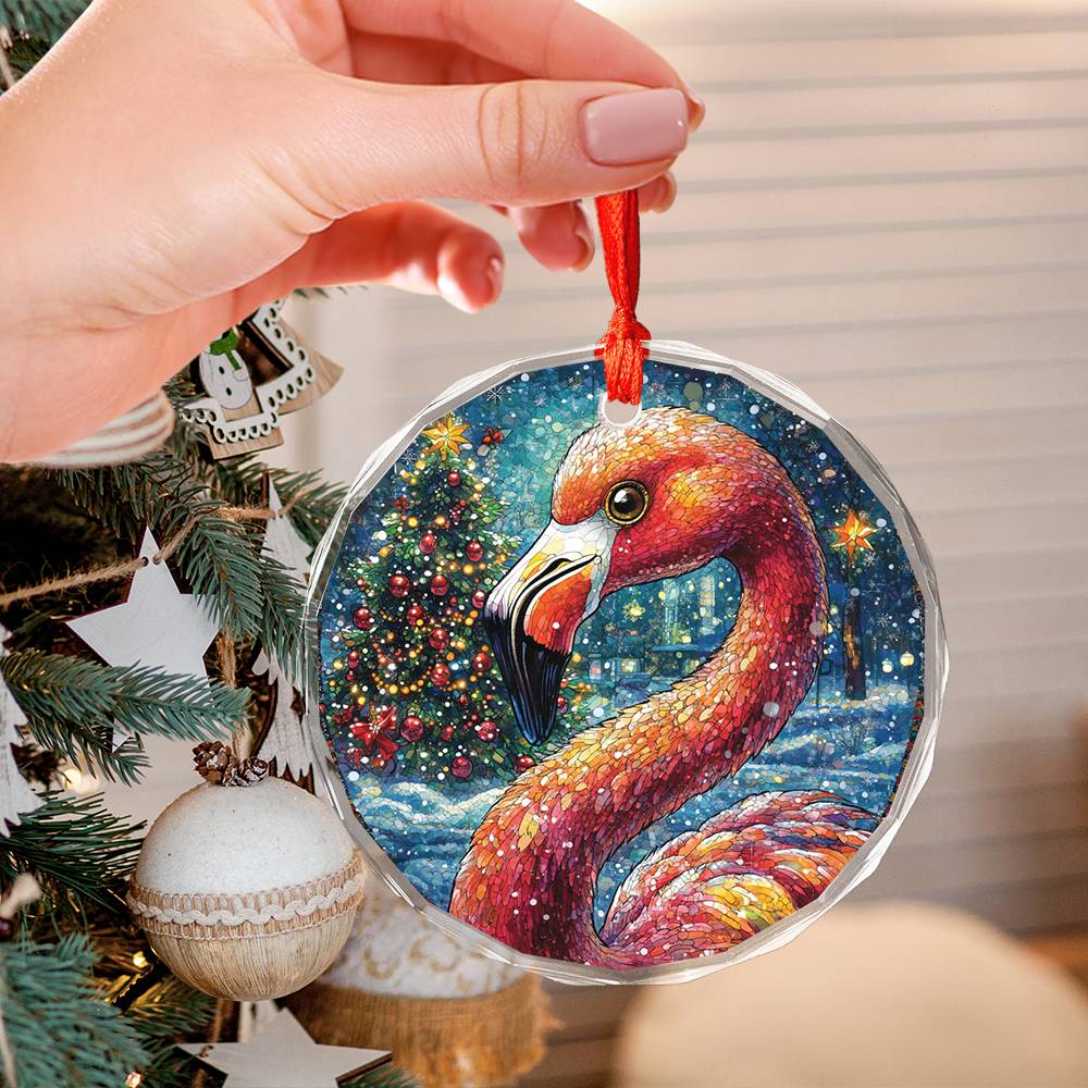 Beautiful Flamingo Christmas Night Design 1 Glass Ornament