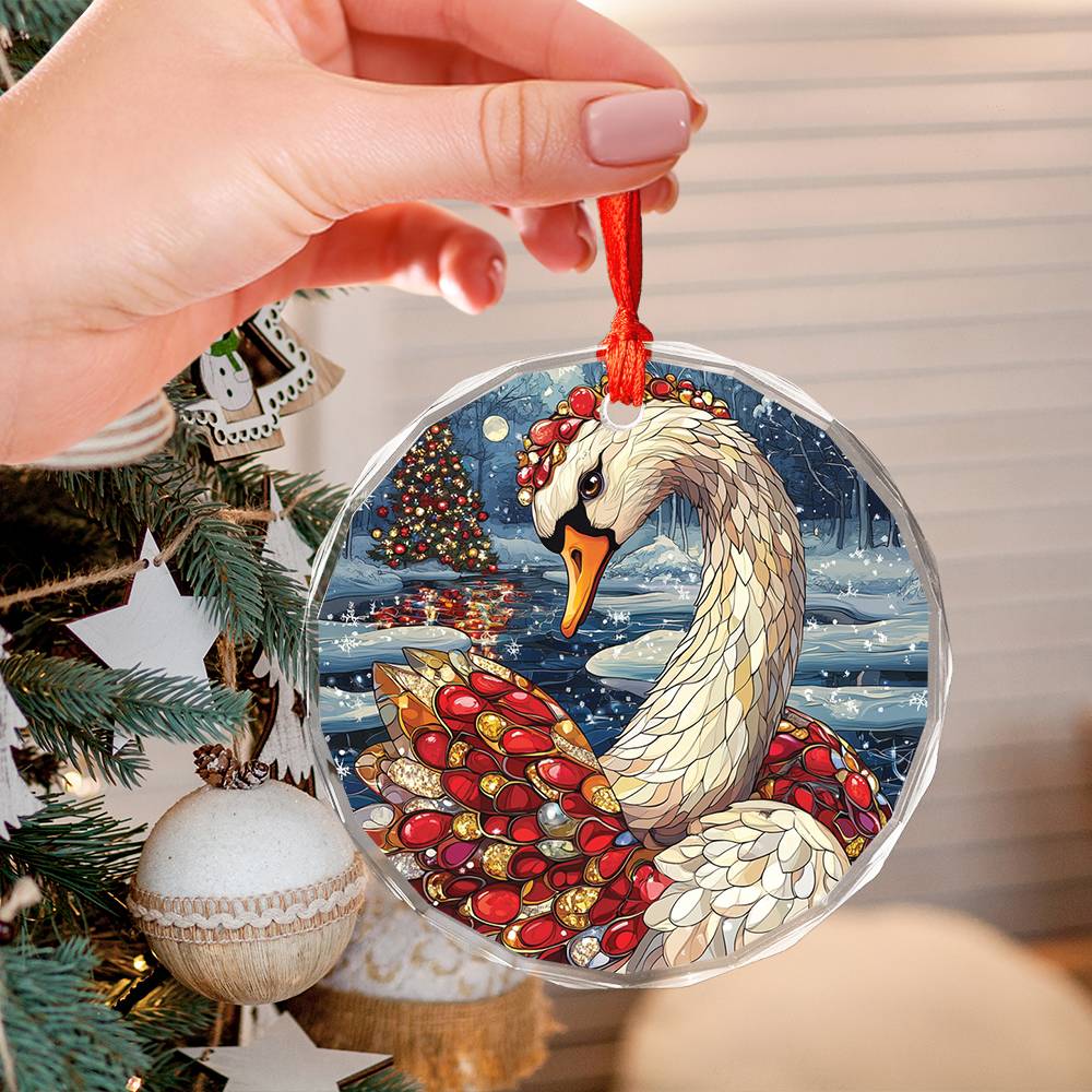 Beautiful Swan Christmas Night Design 3 Glass Ornament