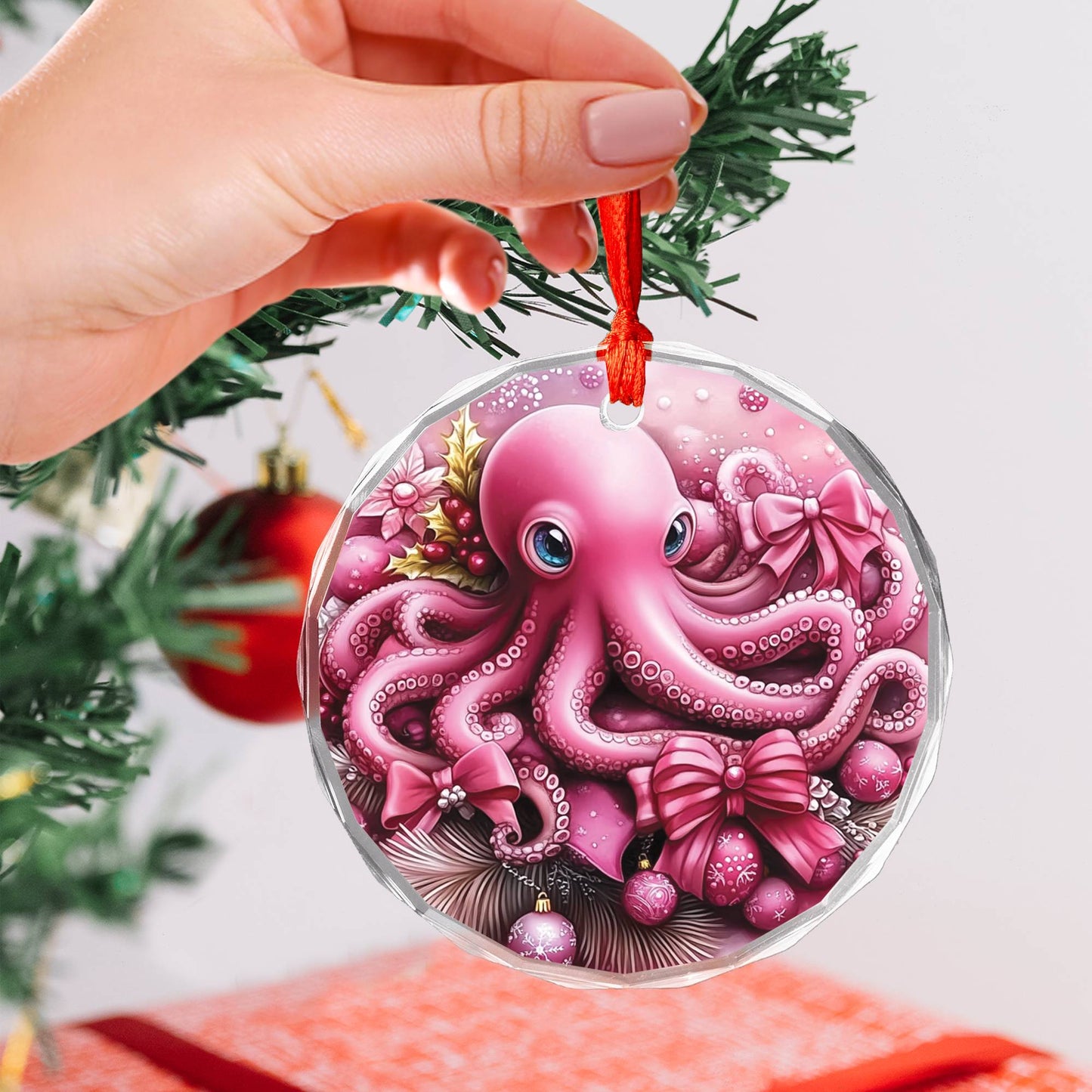 Octopus Pink Christmas Design 2 Glass Ornament