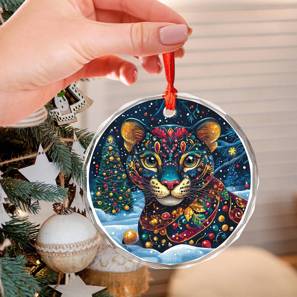 Beautiful Panther Christmas Night Design 4 Glass Ornament