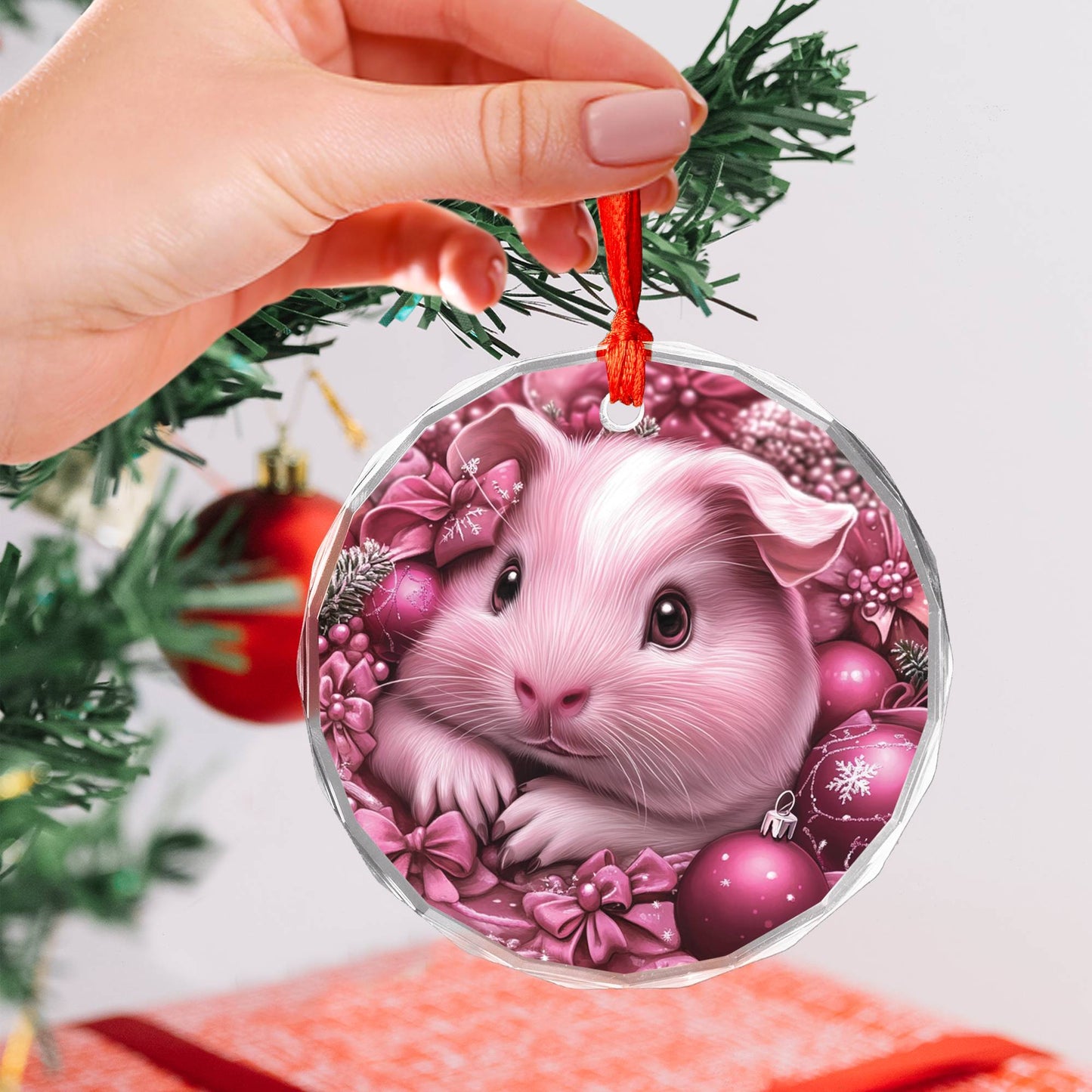 Guinea Pig Pink Christmas Design 1 Glass Ornament