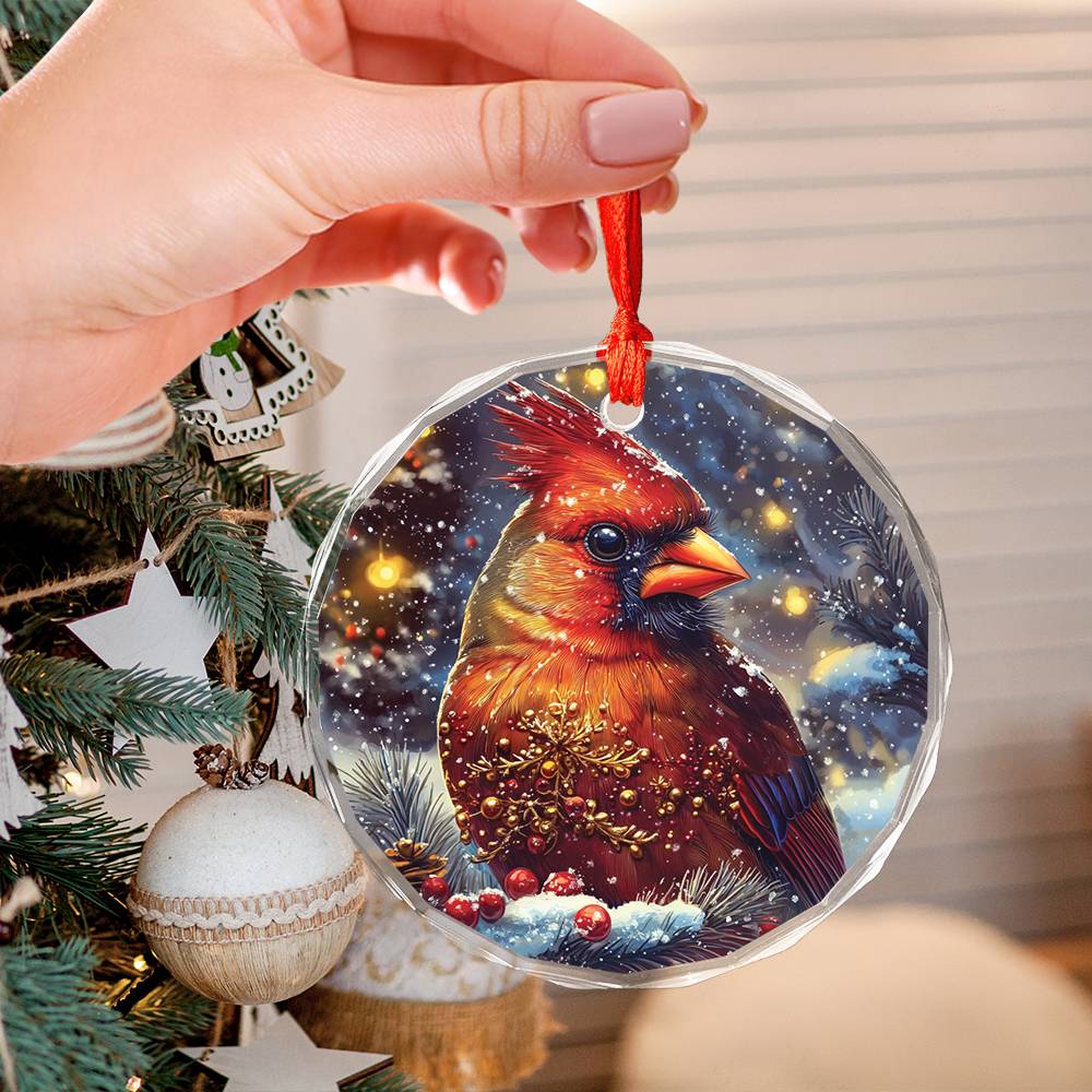 Beautiful Cardinal Christmas Night Design 1 Glass Ornament