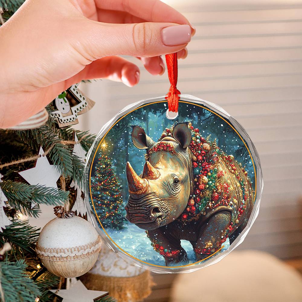 Beautiful Rhino Christmas Night Design 1 Glass Ornament