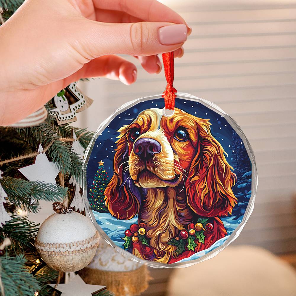 Beautiful English Cocker Spaniel Dog Christmas Night Design 4 Glass Ornament