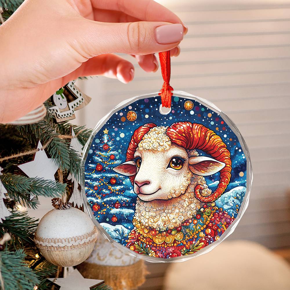 Beautiful Sheep Christmas Night Design 4 Glass Ornament