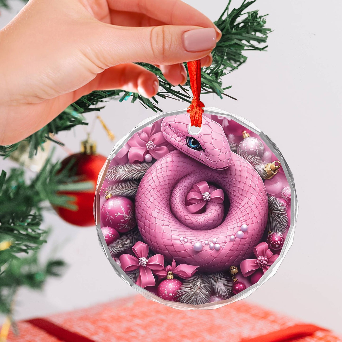 Snake Pink Christmas Design 3 Glass Ornament