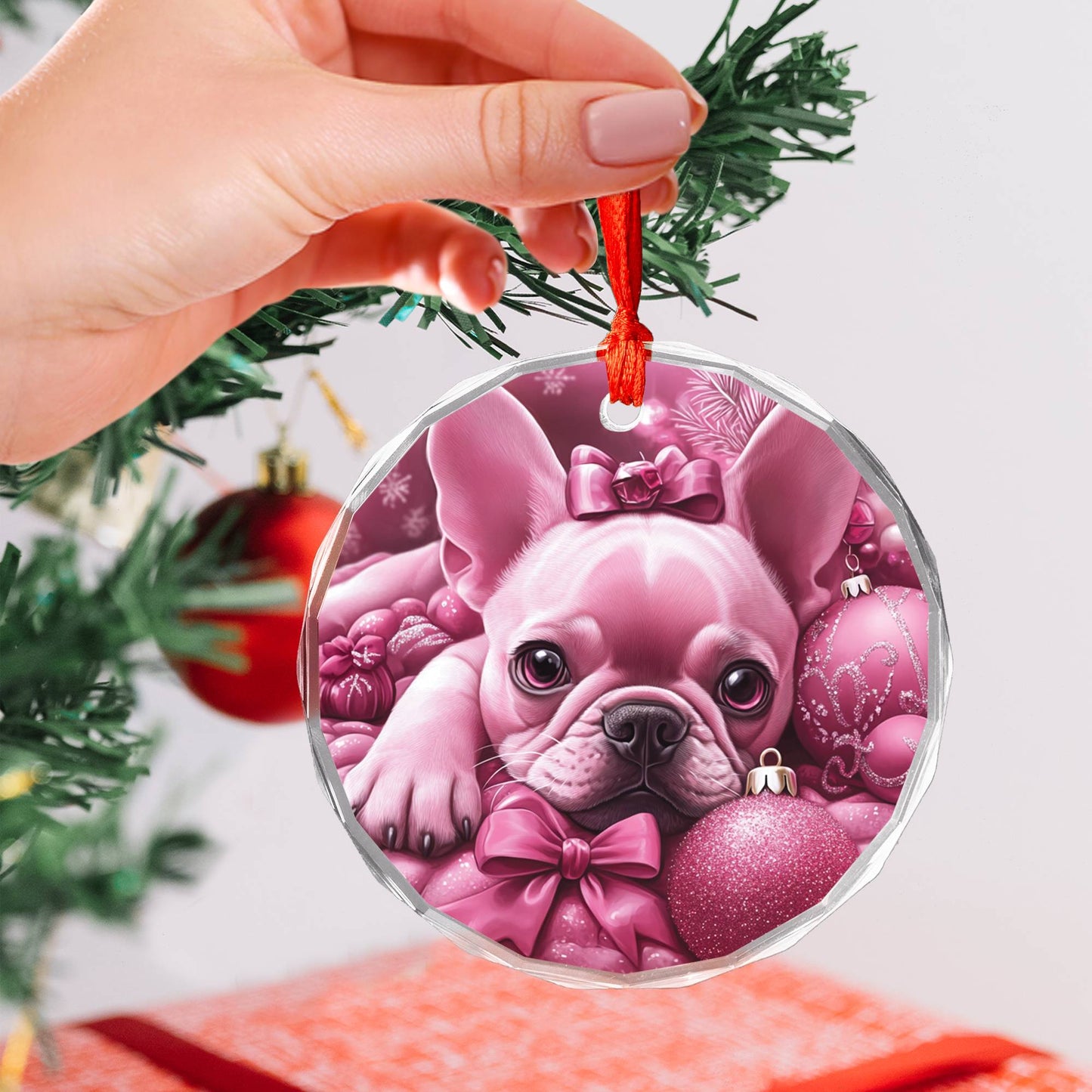 French Bulldog Pink Christmas Design 1 Glass Ornament