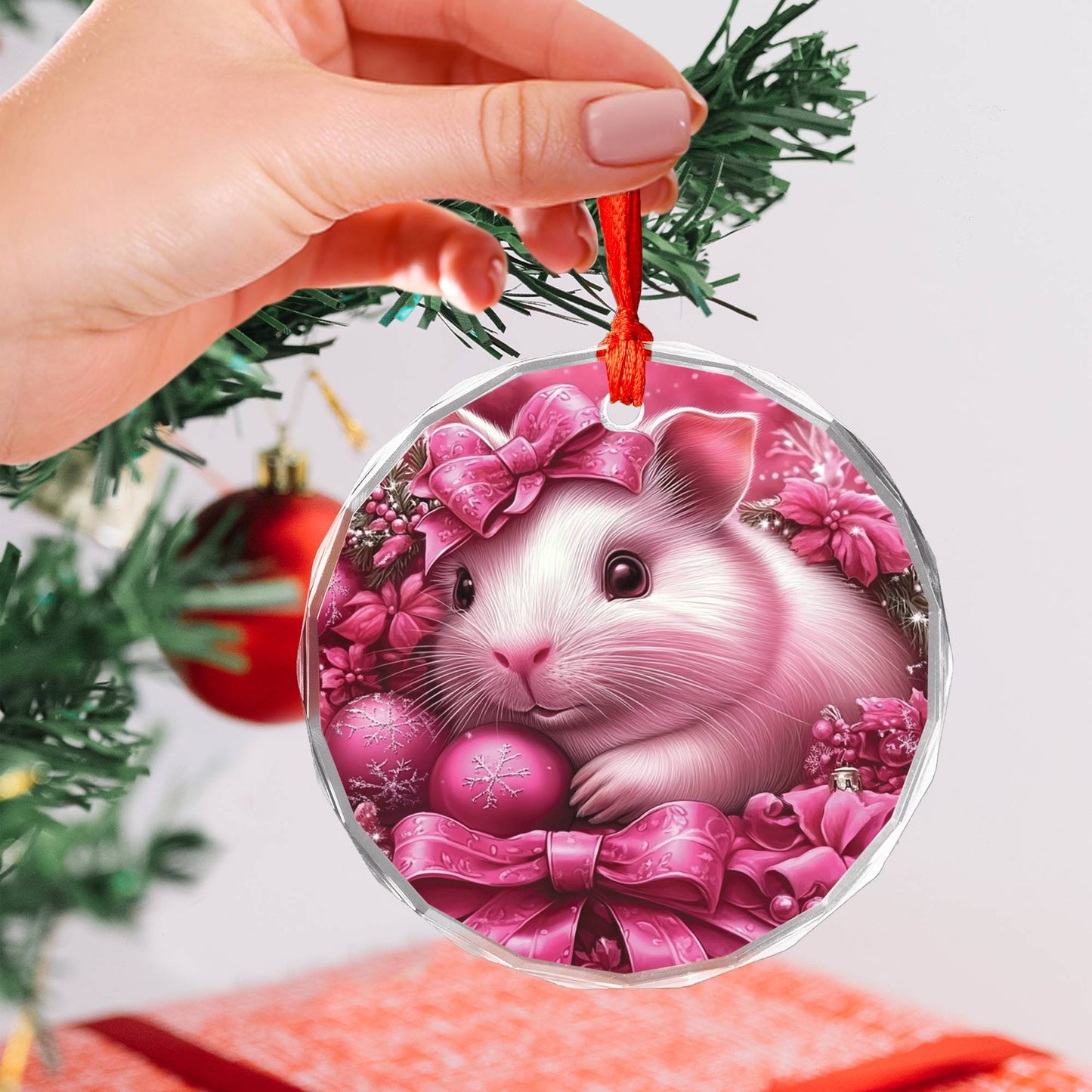 Guinea Pig Pink Christmas Design 2 Glass Ornament