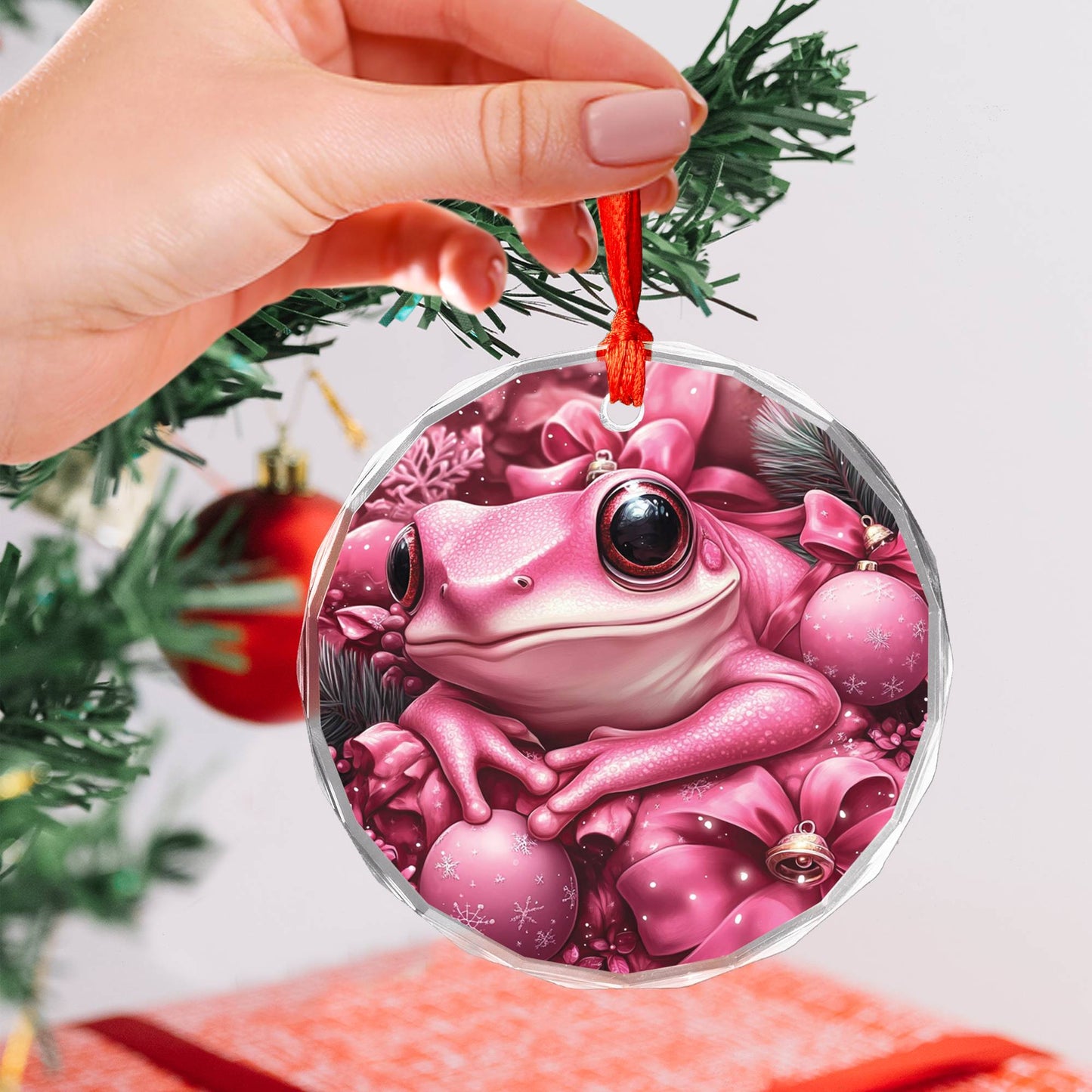 Frog Pink Christmas Design 3 Glass Ornament