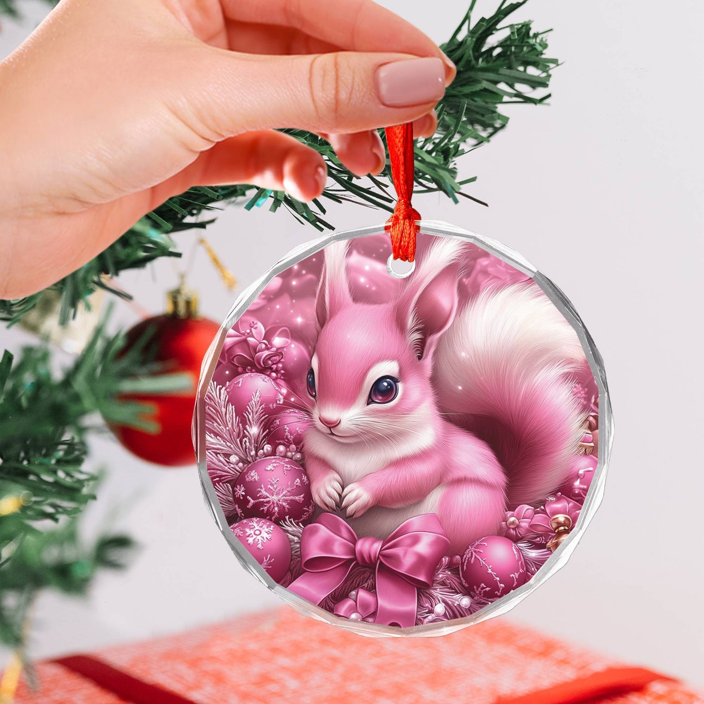 Squirrel Pink Christmas Design 4 Glass Ornament
