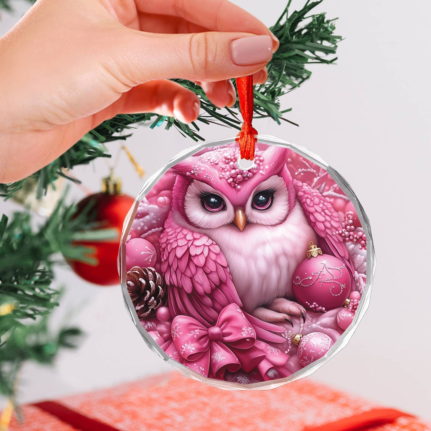 Owl Pink Christmas Design 3 Glass Ornament