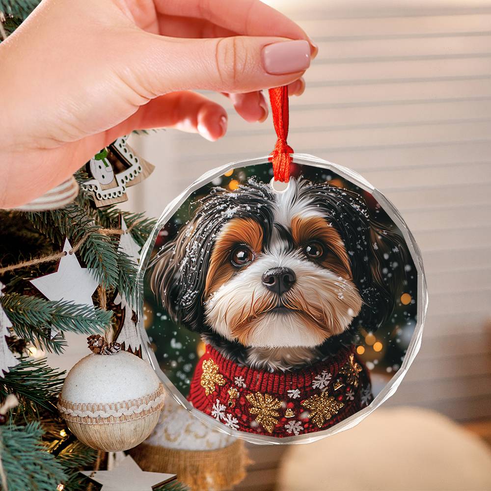 Beautiful Havanese Dog Christmas Night Design 1 Glass Ornament